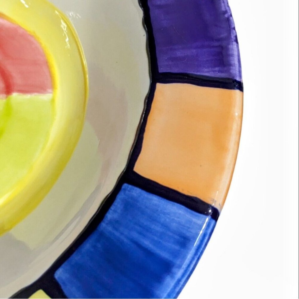 Vintage 1999 Hand Painted Serving Bowl Rimmed 11" Signed Sims Bold Rainbow - Picture 3 of 8